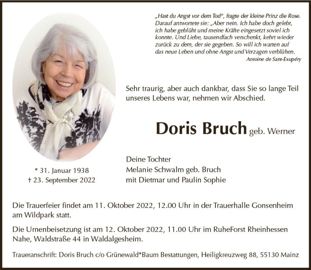  Traueranzeige für Doris Bruch vom 01.10.2022 aus vrm-trauer AZ Mainz