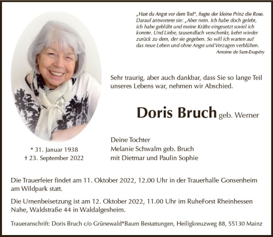 Traueranzeige von Doris Bruch von vrm-trauer AZ Mainz
