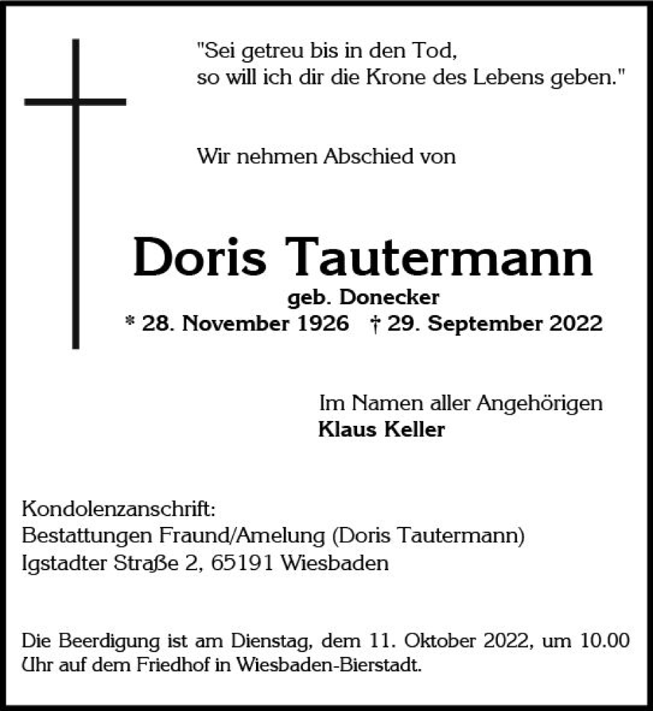  Traueranzeige für Doris Tautermann vom 01.10.2022 aus vrm-trauer Wiesbadener Kurier