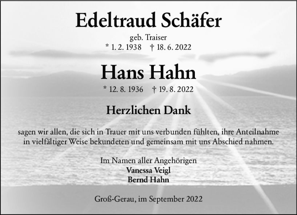  Traueranzeige für Edeltraud Schäfer vom 10.09.2022 aus vrm-trauer Groß-Gerauer Echo