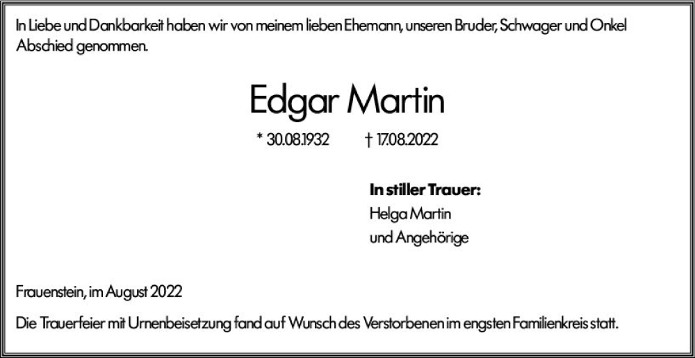  Traueranzeige für Edgar Martin vom 17.09.2022 aus vrm-trauer Wiesbadener Kurier