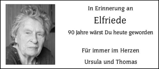 Traueranzeige von Elfriede  von vrm-trauer Hochheimer Zeitung