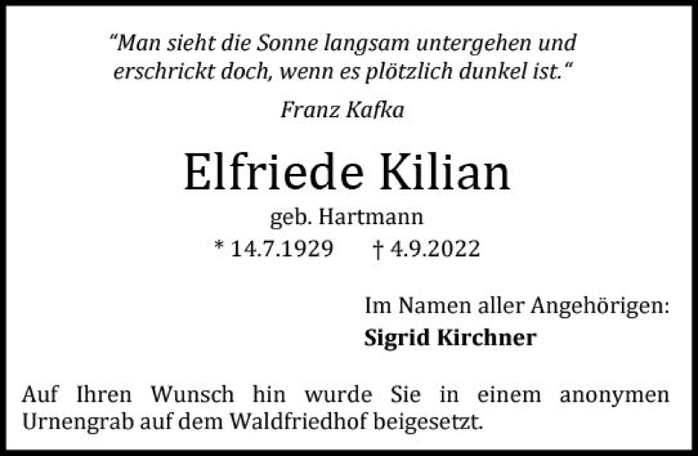  Traueranzeige für Elfriede Kilian vom 24.09.2022 aus vrm-trauer Darmstädter Echo