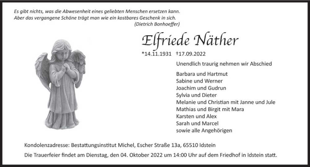  Traueranzeige für Elfriede Näther vom 24.09.2022 aus vrm-trauer Idsteiner Zeitung