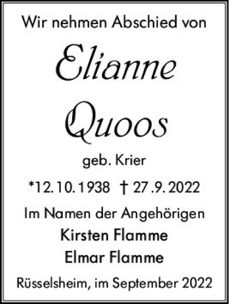  Traueranzeige für Elianne Quoos vom 01.10.2022 aus vrm-trauer Rüsselsheimer Echo / MainSpitze