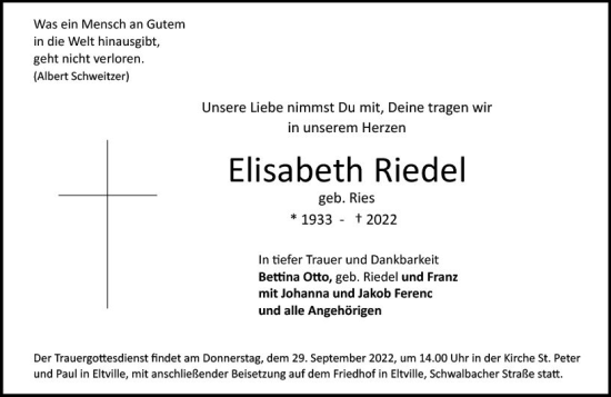 Traueranzeige von Elisabeth Riedel von vrm-trauer Rheingau