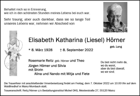 Traueranzeige von Elisabeth Katharina Hörner von vrm-trauer AZ Mainz