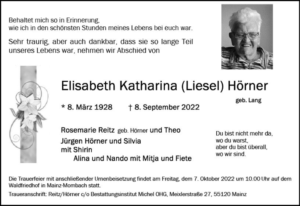  Traueranzeige für Elisabeth Katharina Hörner vom 24.09.2022 aus vrm-trauer AZ Mainz