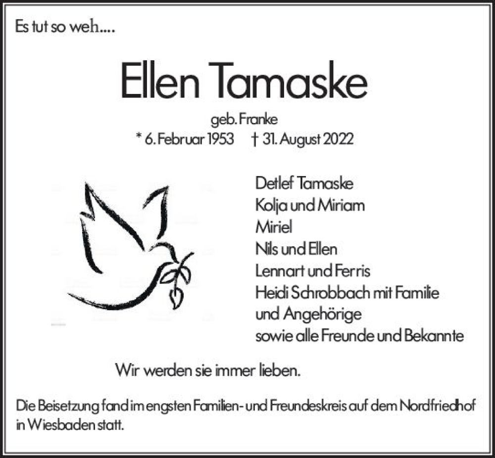  Traueranzeige für Ellen Tamaske vom 01.10.2022 aus vrm-trauer Wiesbadener Kurier