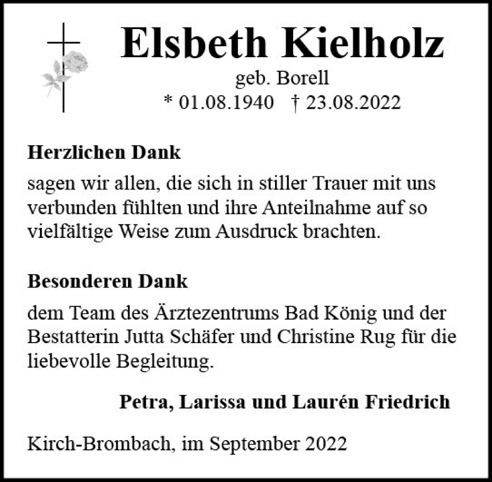 Traueranzeige für Elsbeth Kielholz vom 24.09.2022 aus vrm-trauer Odenwälder Echo