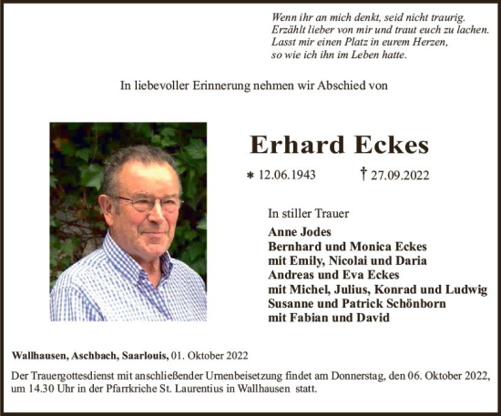 Traueranzeige von Erhard Eckes von vrm-trauer Allg. Zeitung Bad Kreuznach