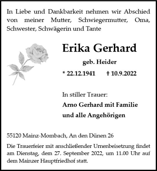 Traueranzeige von Erika Gerhard von vrm-trauer AZ Mainz