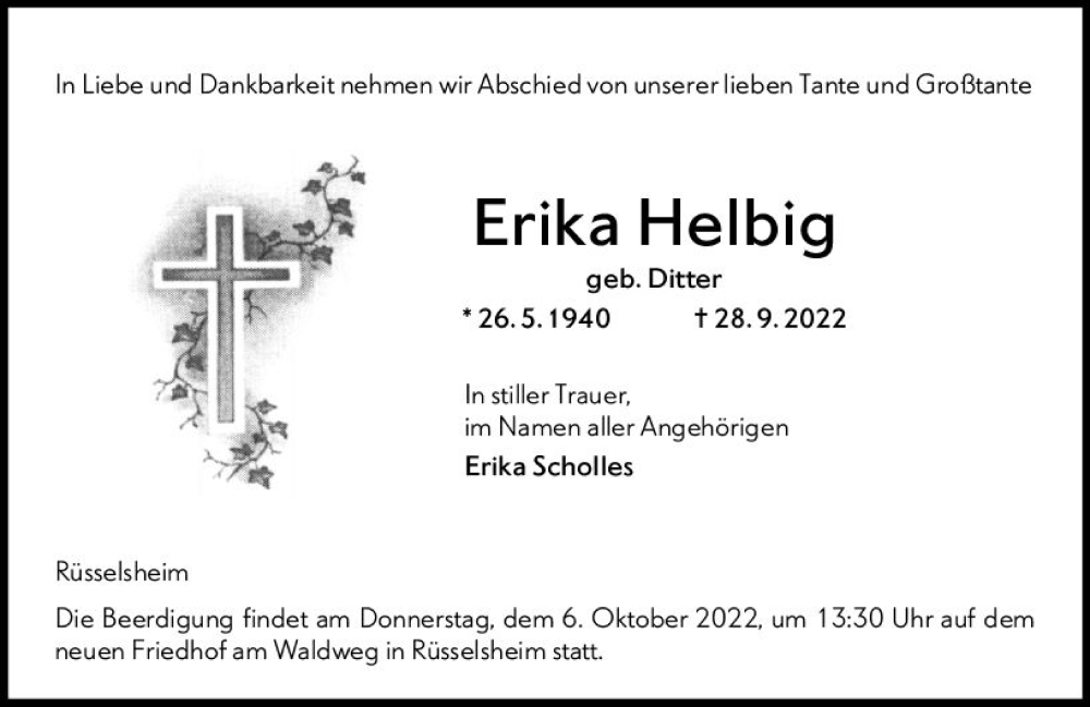  Traueranzeige für Erika Helbig vom 01.10.2022 aus vrm-trauer Rüsselsheimer Echo / MainSpitze