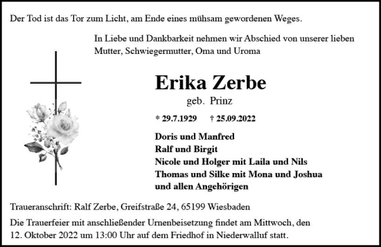 Traueranzeige von Erika Zerbe von vrm-trauer Rheingau