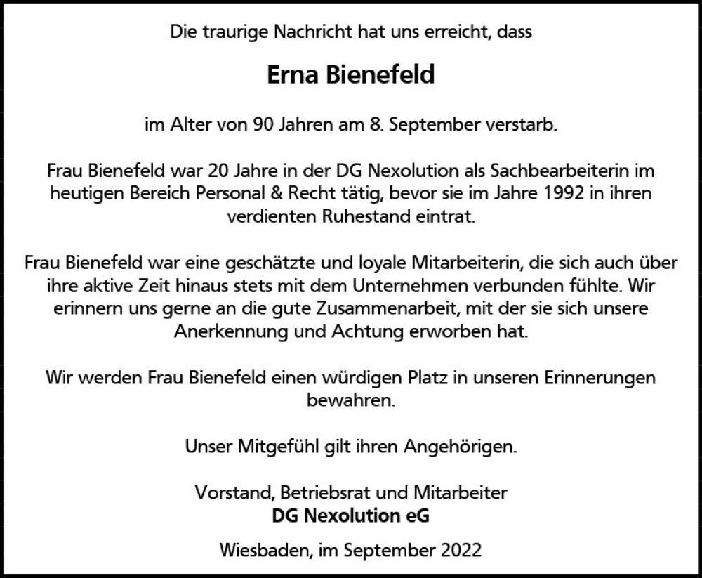  Traueranzeige für Erna Bienefeld vom 14.09.2022 aus vrm-trauer Wiesbadener Kurier
