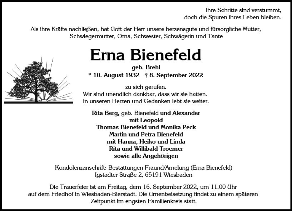  Traueranzeige für Erna Bienefeld vom 14.09.2022 aus vrm-trauer Wiesbadener Kurier