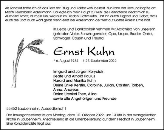 Traueranzeige von Ernst Kuhn von vrm-trauer Allg. Zeitung Bad Kreuznach