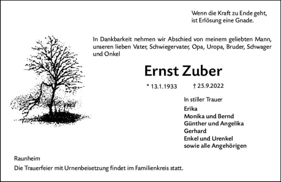 Traueranzeige von Ernst Zuber von vrm-trauer Rüsselsheimer Echo / MainSpitze