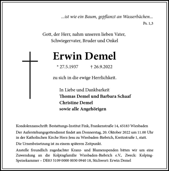 Traueranzeige von Erwin Demel von vrm-trauer Wiesbadener Kurier