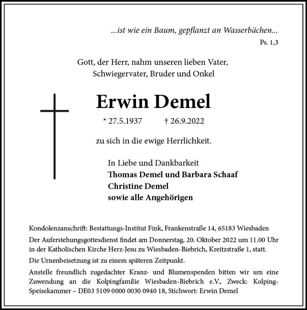  Traueranzeige für Erwin Demel vom 01.10.2022 aus vrm-trauer Wiesbadener Kurier