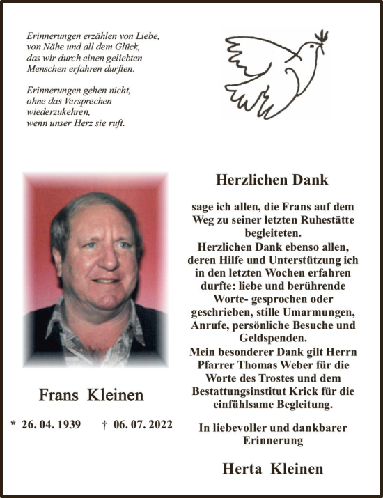 Traueranzeige von Frans Kleinen von vrm-trauer Allgemeine  Zeitung Ingelheim-Bingen