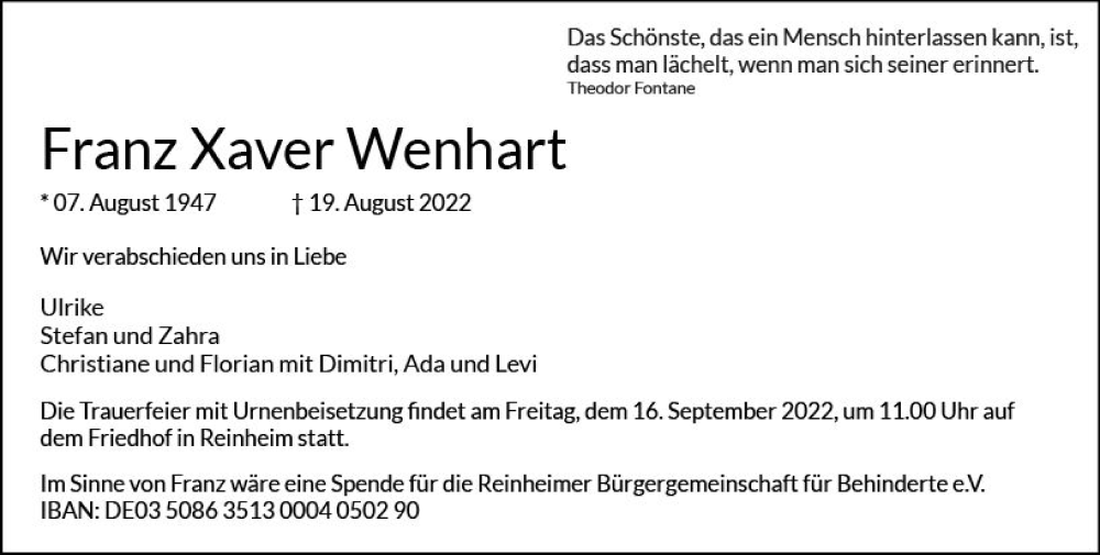  Traueranzeige für Franz Xaver Wenhart vom 10.09.2022 aus vrm-trauer Darmstädter Echo