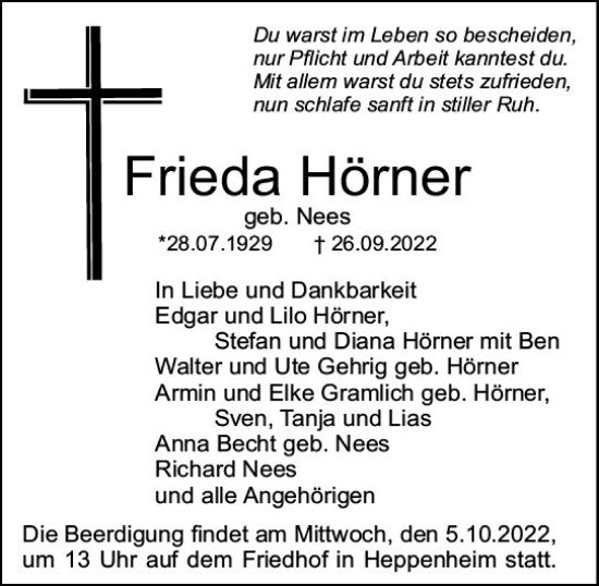 Traueranzeige von Frieda Hörner von vrm-trauer Bürstädter/Lamperth. Ztg/Starkenburger