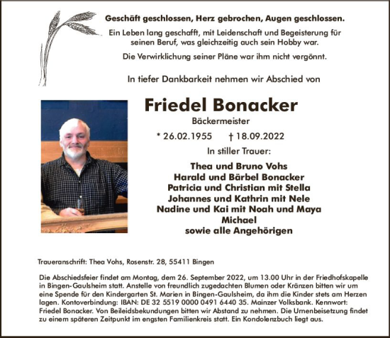 Traueranzeige von Friedel Bonacker von vrm-trauer Allgemeine  Zeitung Ingelheim-Bingen
