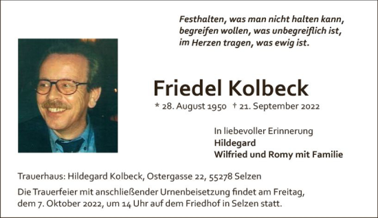 Traueranzeige von Friedel Kolbeck von vrm-trauer AZ Mainz