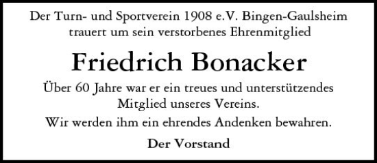 Traueranzeige von Friedrich Bonacker von vrm-trauer Allgemeine  Zeitung Ingelheim-Bingen