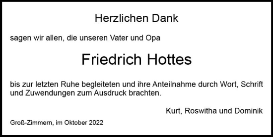 Traueranzeige von Friedrich Hottes von vrm-trauer DieburgerAnzeiger/Groß-Zimmerner Lokala
