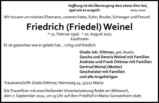 Traueranzeige von Friedrich Weinel von vrm-trauer AZ Mainz