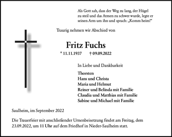 Traueranzeige von Fritz Fuchs von vrm-trauer Allgemeine Zeitung Alzey