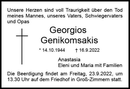 Traueranzeige von Georgios Genikomsakis von vrm-trauer DieburgerAnzeiger/Groß-Zimmerner Lokala