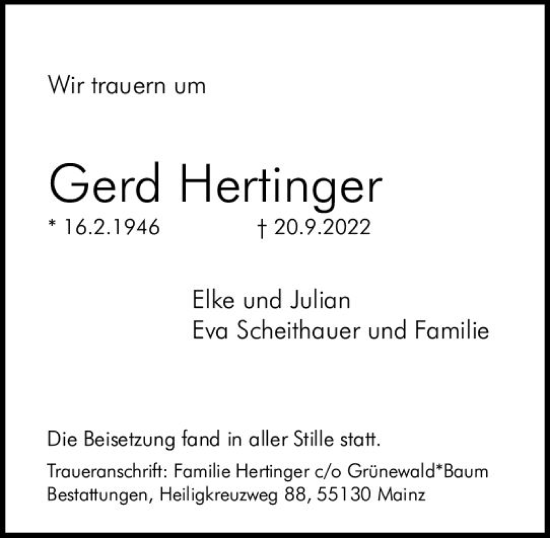 Traueranzeige von Gerd Hertinger von vrm-trauer AZ Mainz