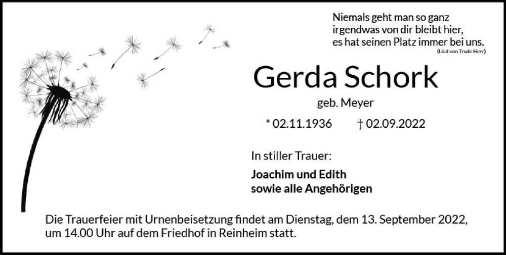 Traueranzeige für Gerda Schork vom 10.09.2022 aus vrm-trauer Darmstädter Echo