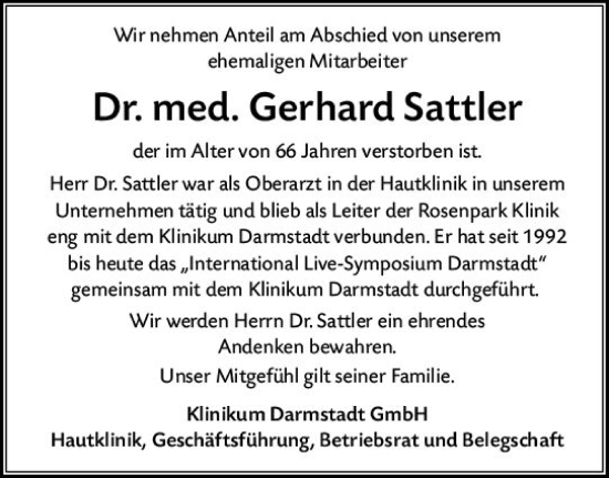 Traueranzeige von Gerhard Sattler von vrm-trauer Darmstädter Echo