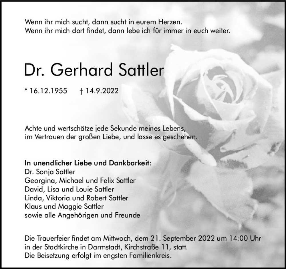  Traueranzeige für Gerhard Sattler vom 17.09.2022 aus vrm-trauer Darmstädter Echo