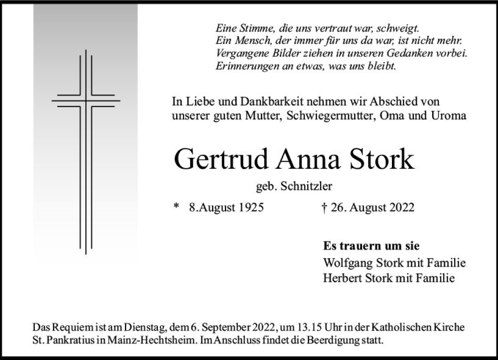  Traueranzeige für Gertrud Anna Stork vom 03.09.2022 aus vrm-trauer AZ Mainz