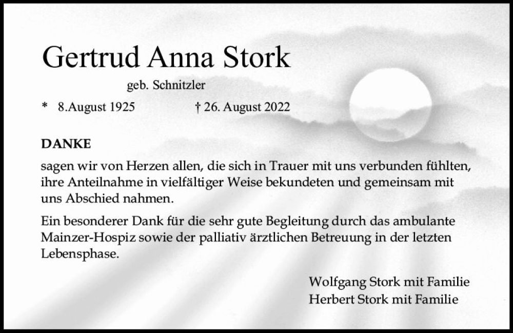  Traueranzeige für Gertrud Anna Stork vom 24.09.2022 aus vrm-trauer AZ Mainz