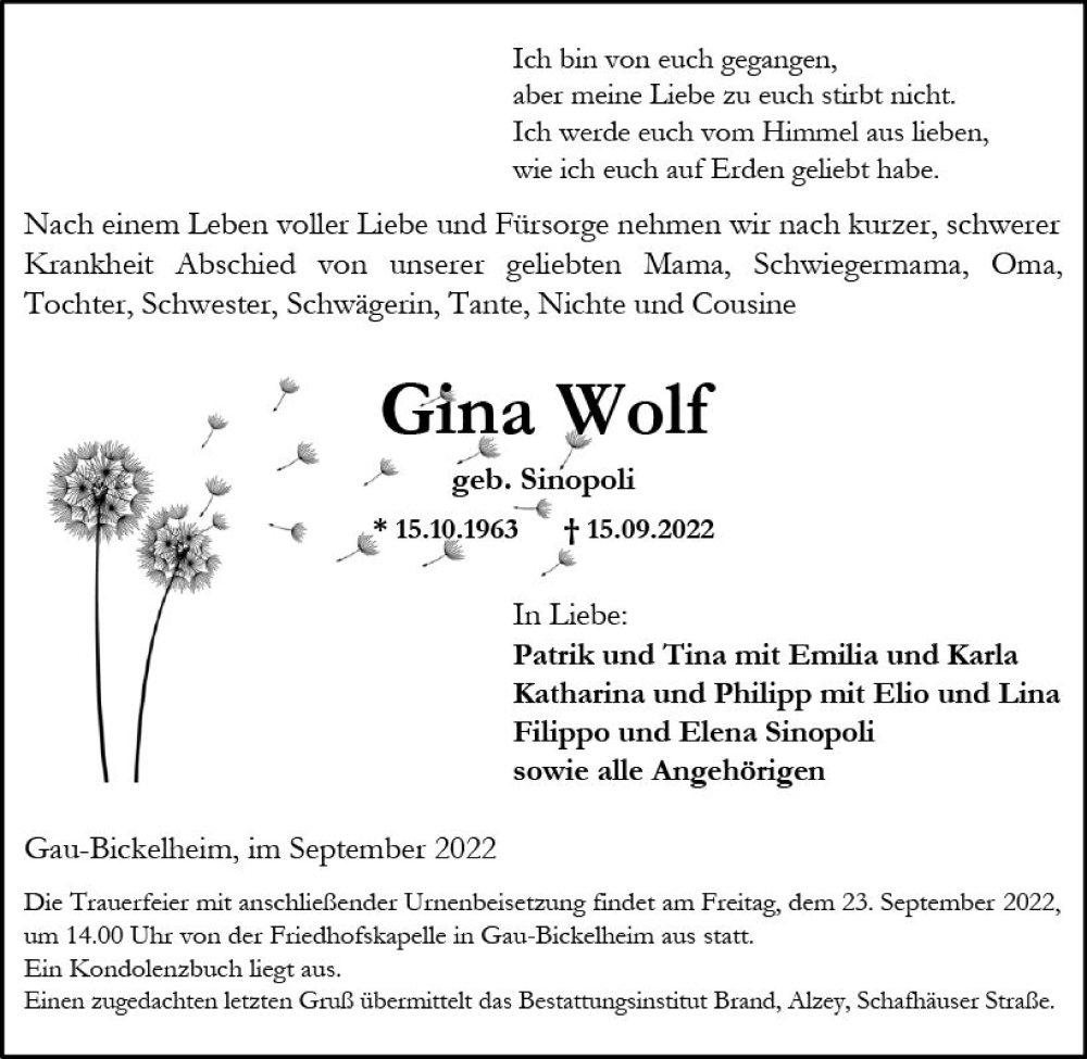 Traueranzeige für Gina Wolf vom 20.09.2022 aus vrm-trauer Allgemeine Zeitung Alzey