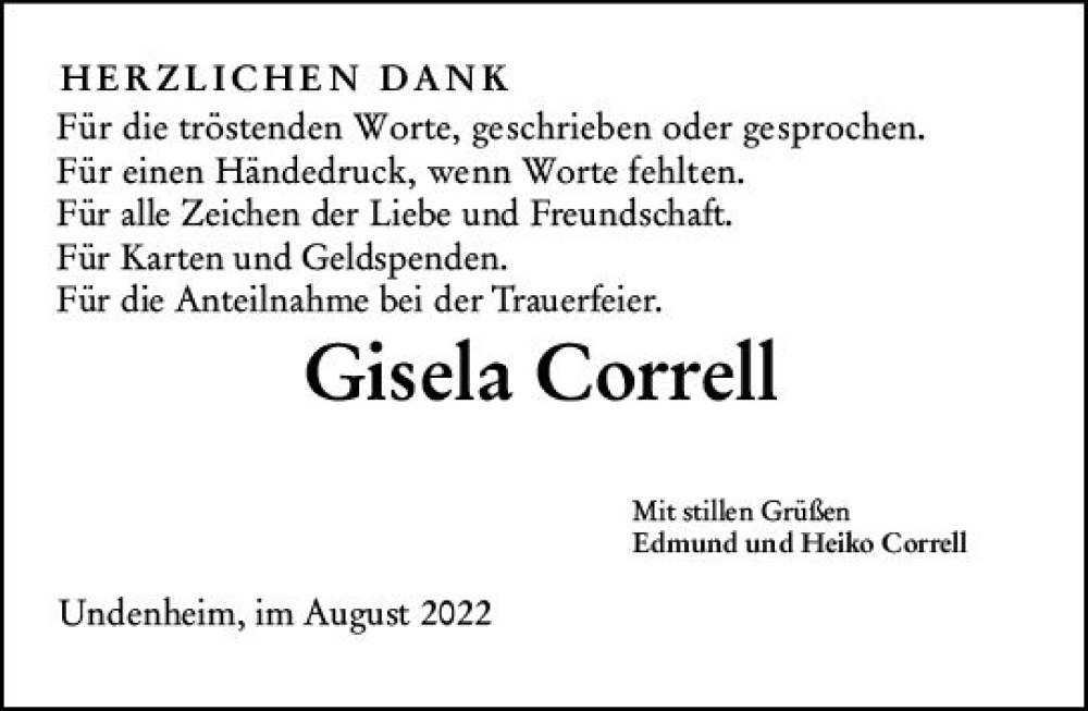  Traueranzeige für Gisela Correll vom 03.09.2022 aus vrm-trauer Allgemeine Zeitung Alzey