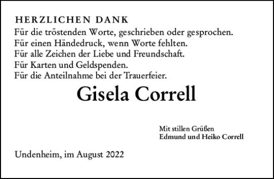 Traueranzeige von Gisela Correll von vrm-trauer Allgemeine Zeitung Alzey