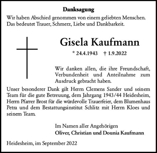 Traueranzeige von Gisela Kaufmann von vrm-trauer Allgemeine  Zeitung Ingelheim-Bingen