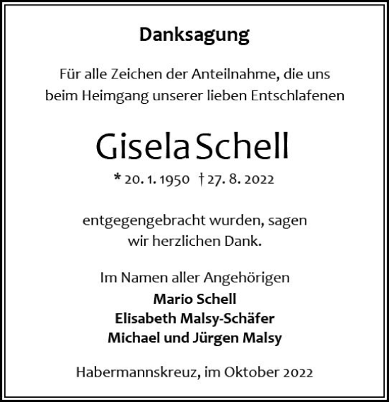 Traueranzeige von Gisela Schell von vrm-trauer Odenwälder Echo