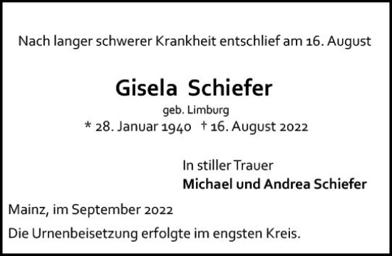 Traueranzeige von Gisela Schiefer von vrm-trauer AZ Mainz