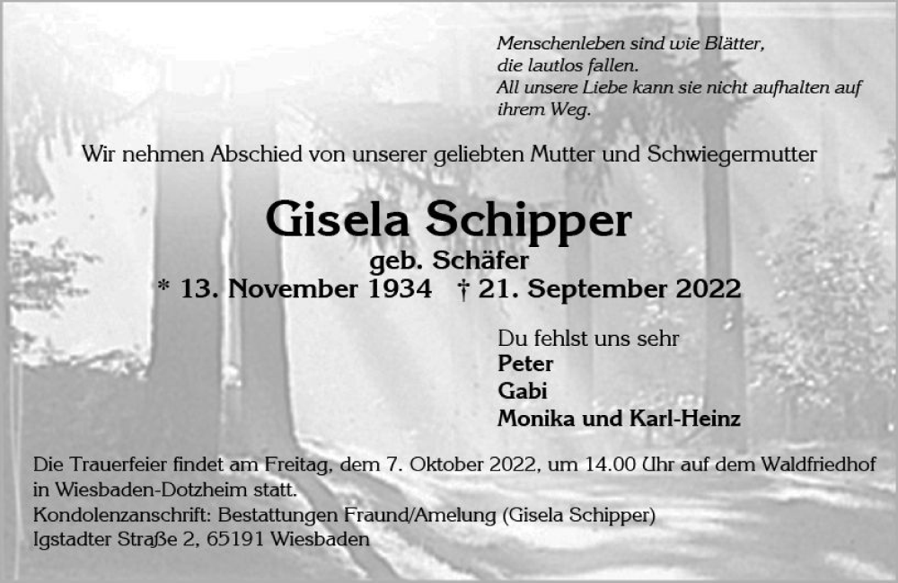  Traueranzeige für Gisela Schipper vom 01.10.2022 aus vrm-trauer Wiesbadener Kurier