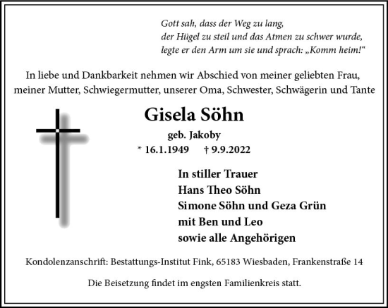 Traueranzeige von Gisela Söhn von vrm-trauer Wiesbadener Kurier