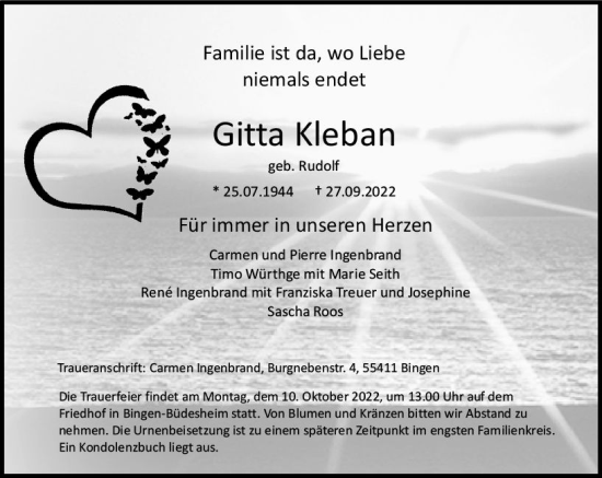 Traueranzeige von Gitta Kleban von vrm-trauer Allgemeine  Zeitung Ingelheim-Bingen