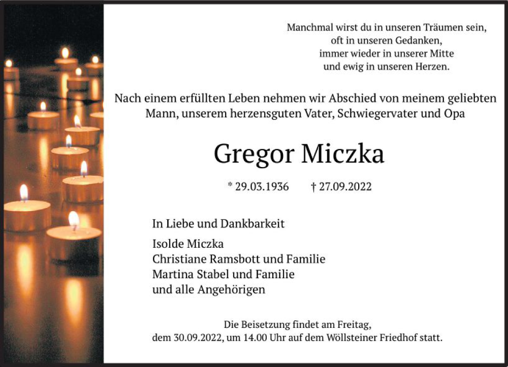  Traueranzeige für Gregor Miczka vom 29.09.2022 aus vrm-trauer Allgemeine Zeitung Alzey